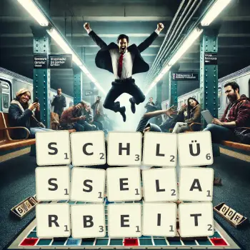 Kreative Illustration für ein Scrabble-Spiel, bei dem das Wort SCHLÜSSELARBEIT mit Steinen auf dem Brett gelegt wurde.