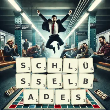 Kreative Illustration für ein Scrabble-Spiel, bei dem das Wort SCHLÜSSELBADES mit Steinen auf dem Brett gelegt wurde.