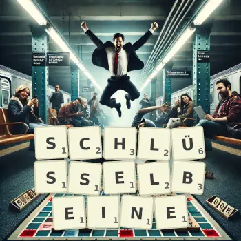 Kreative Illustration für ein Scrabble-Spiel, bei dem das Wort SCHLÜSSELBEINE mit Steinen auf dem Brett gelegt wurde.