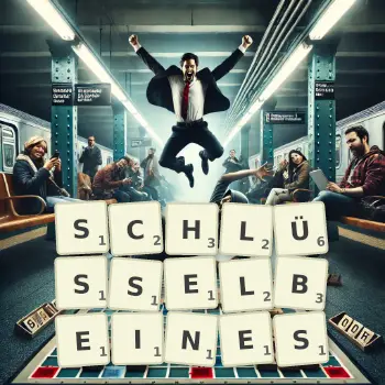 Kreative Illustration für ein Scrabble-Spiel, bei dem das Wort SCHLÜSSELBEINES mit Steinen auf dem Brett gelegt wurde.