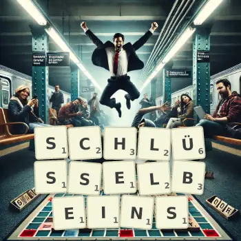 Kreative Illustration für ein Scrabble-Spiel, bei dem das Wort SCHLÜSSELBEINS mit Steinen auf dem Brett gelegt wurde.