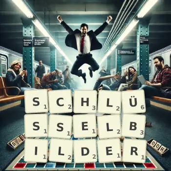 Kreative Illustration für ein Scrabble-Spiel, bei dem das Wort SCHLÜSSELBILDER mit Steinen auf dem Brett gelegt wurde.