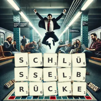Kreative Illustration für ein Scrabble-Spiel, bei dem das Wort SCHLÜSSELBRÜCKE mit Steinen auf dem Brett gelegt wurde.