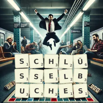 Kreative Illustration für ein Scrabble-Spiel, bei dem das Wort SCHLÜSSELBUCHES mit Steinen auf dem Brett gelegt wurde.