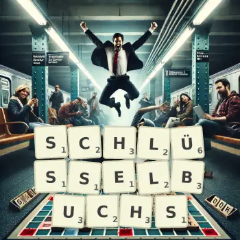Kreative Illustration für ein Scrabble-Spiel, bei dem das Wort SCHLÜSSELBUCHS mit Steinen auf dem Brett gelegt wurde.