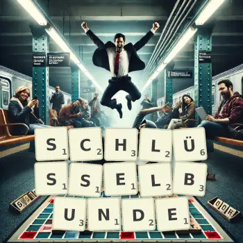 Kreative Illustration für ein Scrabble-Spiel, bei dem das Wort SCHLÜSSELBUNDE mit Steinen auf dem Brett gelegt wurde.