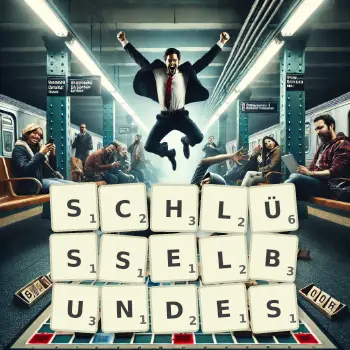 Kreative Illustration für ein Scrabble-Spiel, bei dem das Wort SCHLÜSSELBUNDES mit Steinen auf dem Brett gelegt wurde.