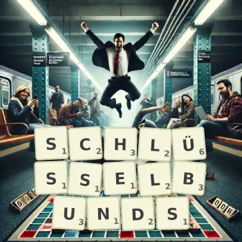 Kreative Illustration für ein Scrabble-Spiel, bei dem das Wort SCHLÜSSELBUNDS mit Steinen auf dem Brett gelegt wurde.
