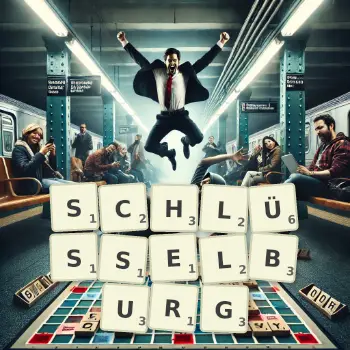Kreative Illustration für ein Scrabble-Spiel, bei dem das Wort SCHLÜSSELBURG mit Steinen auf dem Brett gelegt wurde.