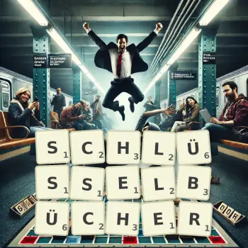 Kreative Illustration für ein Scrabble-Spiel, bei dem das Wort SCHLÜSSELBÜCHER mit Steinen auf dem Brett gelegt wurde.