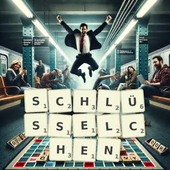 Kreative Illustration für ein Scrabble-Spiel, bei dem das Wort SCHLÜSSELCHEN mit Steinen auf dem Brett gelegt wurde.