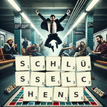 Kreative Illustration für ein Scrabble-Spiel, bei dem das Wort SCHLÜSSELCHENS mit Steinen auf dem Brett gelegt wurde.