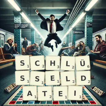 Kreative Illustration für ein Scrabble-Spiel, bei dem das Wort SCHLÜSSELDATEI mit Steinen auf dem Brett gelegt wurde.