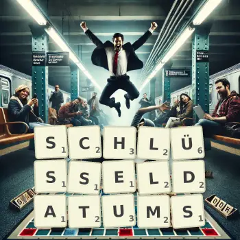Kreative Illustration für ein Scrabble-Spiel, bei dem das Wort SCHLÜSSELDATUMS mit Steinen auf dem Brett gelegt wurde.