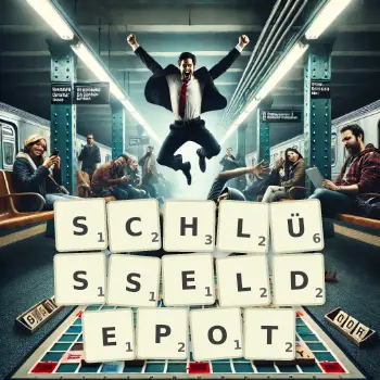 Kreative Illustration für ein Scrabble-Spiel, bei dem das Wort SCHLÜSSELDEPOT mit Steinen auf dem Brett gelegt wurde.