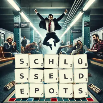 Kreative Illustration für ein Scrabble-Spiel, bei dem das Wort SCHLÜSSELDEPOTS mit Steinen auf dem Brett gelegt wurde.