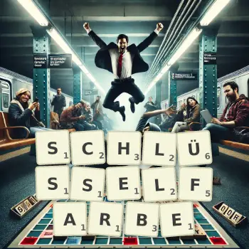 Kreative Illustration für ein Scrabble-Spiel, bei dem das Wort SCHLÜSSELFARBE mit Steinen auf dem Brett gelegt wurde.