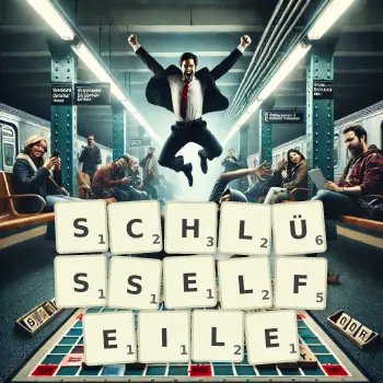 Kreative Illustration für ein Scrabble-Spiel, bei dem das Wort SCHLÜSSELFEILE mit Steinen auf dem Brett gelegt wurde.