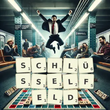 Kreative Illustration für ein Scrabble-Spiel, bei dem das Wort SCHLÜSSELFELD mit Steinen auf dem Brett gelegt wurde.