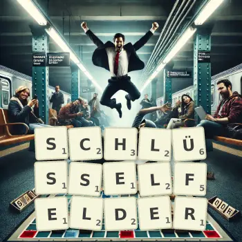 Kreative Illustration für ein Scrabble-Spiel, bei dem das Wort SCHLÜSSELFELDER mit Steinen auf dem Brett gelegt wurde.
