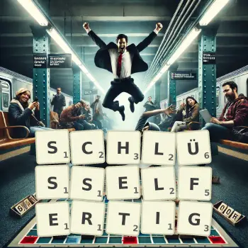 Kreative Illustration für ein Scrabble-Spiel, bei dem das Wort SCHLÜSSELFERTIG mit Steinen auf dem Brett gelegt wurde.