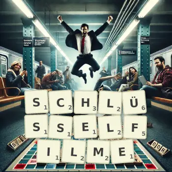 Kreative Illustration für ein Scrabble-Spiel, bei dem das Wort SCHLÜSSELFILME mit Steinen auf dem Brett gelegt wurde.