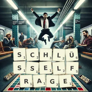 Kreative Illustration für ein Scrabble-Spiel, bei dem das Wort SCHLÜSSELFRAGE mit Steinen auf dem Brett gelegt wurde.