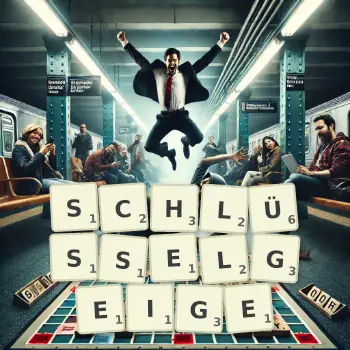 Kreative Illustration für ein Scrabble-Spiel, bei dem das Wort SCHLÜSSELGEIGE mit Steinen auf dem Brett gelegt wurde.