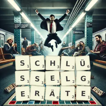 Kreative Illustration für ein Scrabble-Spiel, bei dem das Wort SCHLÜSSELGERÄTE mit Steinen auf dem Brett gelegt wurde.