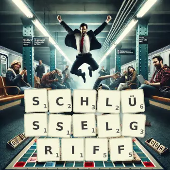 Kreative Illustration für ein Scrabble-Spiel, bei dem das Wort SCHLÜSSELGRIFF mit Steinen auf dem Brett gelegt wurde.