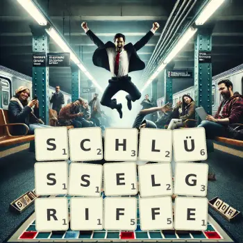 Kreative Illustration für ein Scrabble-Spiel, bei dem das Wort SCHLÜSSELGRIFFE mit Steinen auf dem Brett gelegt wurde.