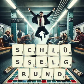 Kreative Illustration für ein Scrabble-Spiel, bei dem das Wort SCHLÜSSELGRUND mit Steinen auf dem Brett gelegt wurde.