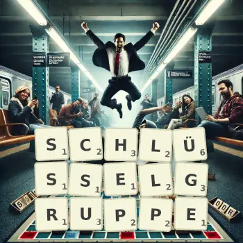 Kreative Illustration für ein Scrabble-Spiel, bei dem das Wort SCHLÜSSELGRUPPE mit Steinen auf dem Brett gelegt wurde.