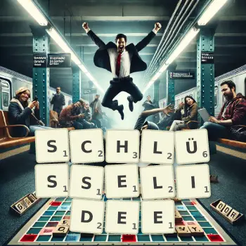 Kreative Illustration für ein Scrabble-Spiel, bei dem das Wort SCHLÜSSELIDEE mit Steinen auf dem Brett gelegt wurde.