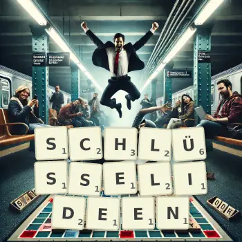 Kreative Illustration für ein Scrabble-Spiel, bei dem das Wort SCHLÜSSELIDEEN mit Steinen auf dem Brett gelegt wurde.