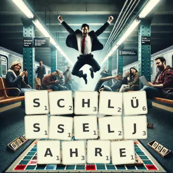 Kreative Illustration für ein Scrabble-Spiel, bei dem das Wort SCHLÜSSELJAHRE mit Steinen auf dem Brett gelegt wurde.