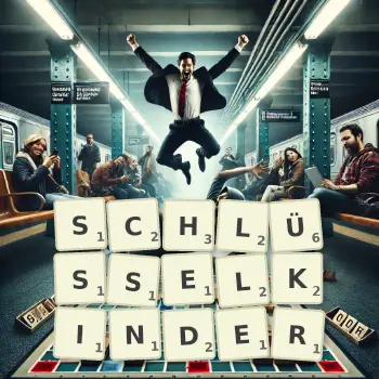 Kreative Illustration für ein Scrabble-Spiel, bei dem das Wort SCHLÜSSELKINDER mit Steinen auf dem Brett gelegt wurde.