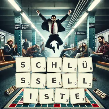 Kreative Illustration für ein Scrabble-Spiel, bei dem das Wort SCHLÜSSELLISTE mit Steinen auf dem Brett gelegt wurde.