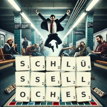 Kreative Illustration für ein Scrabble-Spiel, bei dem das Wort SCHLÜSSELLOCHES mit Steinen auf dem Brett gelegt wurde.