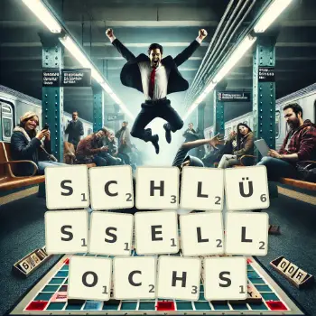 Kreative Illustration für ein Scrabble-Spiel, bei dem das Wort SCHLÜSSELLOCHS mit Steinen auf dem Brett gelegt wurde.