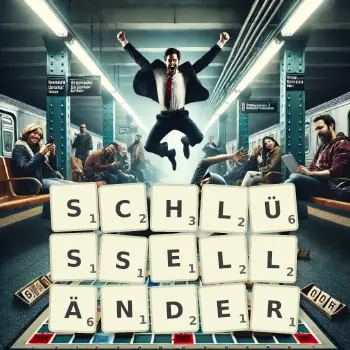 Kreative Illustration für ein Scrabble-Spiel, bei dem das Wort SCHLÜSSELLÄNDER mit Steinen auf dem Brett gelegt wurde.