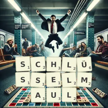 Kreative Illustration für ein Scrabble-Spiel, bei dem das Wort SCHLÜSSELMAUL mit Steinen auf dem Brett gelegt wurde.