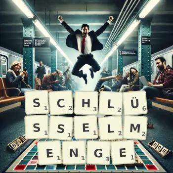 Kreative Illustration für ein Scrabble-Spiel, bei dem das Wort SCHLÜSSELMENGE mit Steinen auf dem Brett gelegt wurde.