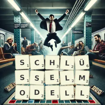 Kreative Illustration für ein Scrabble-Spiel, bei dem das Wort SCHLÜSSELMODELL mit Steinen auf dem Brett gelegt wurde.