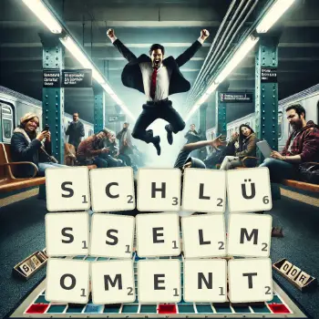 Kreative Illustration für ein Scrabble-Spiel, bei dem das Wort SCHLÜSSELMOMENT mit Steinen auf dem Brett gelegt wurde.