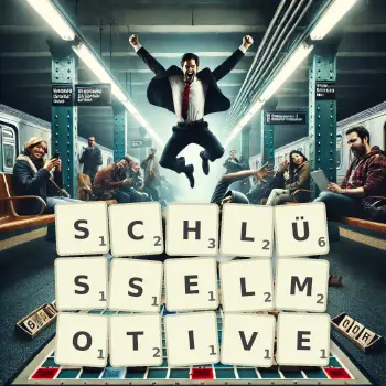 Kreative Illustration für ein Scrabble-Spiel, bei dem das Wort SCHLÜSSELMOTIVE mit Steinen auf dem Brett gelegt wurde.