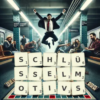 Kreative Illustration für ein Scrabble-Spiel, bei dem das Wort SCHLÜSSELMOTIVS mit Steinen auf dem Brett gelegt wurde.