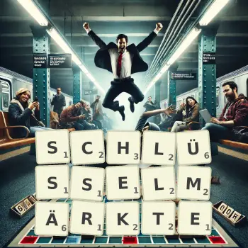 Kreative Illustration für ein Scrabble-Spiel, bei dem das Wort SCHLÜSSELMÄRKTE mit Steinen auf dem Brett gelegt wurde.