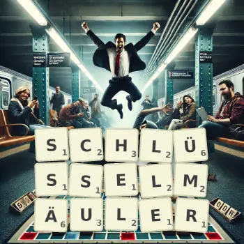 Kreative Illustration für ein Scrabble-Spiel, bei dem das Wort SCHLÜSSELMÄULER mit Steinen auf dem Brett gelegt wurde.