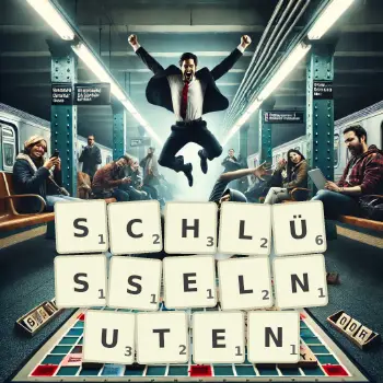 Kreative Illustration für ein Scrabble-Spiel, bei dem das Wort SCHLÜSSELNUTEN mit Steinen auf dem Brett gelegt wurde.